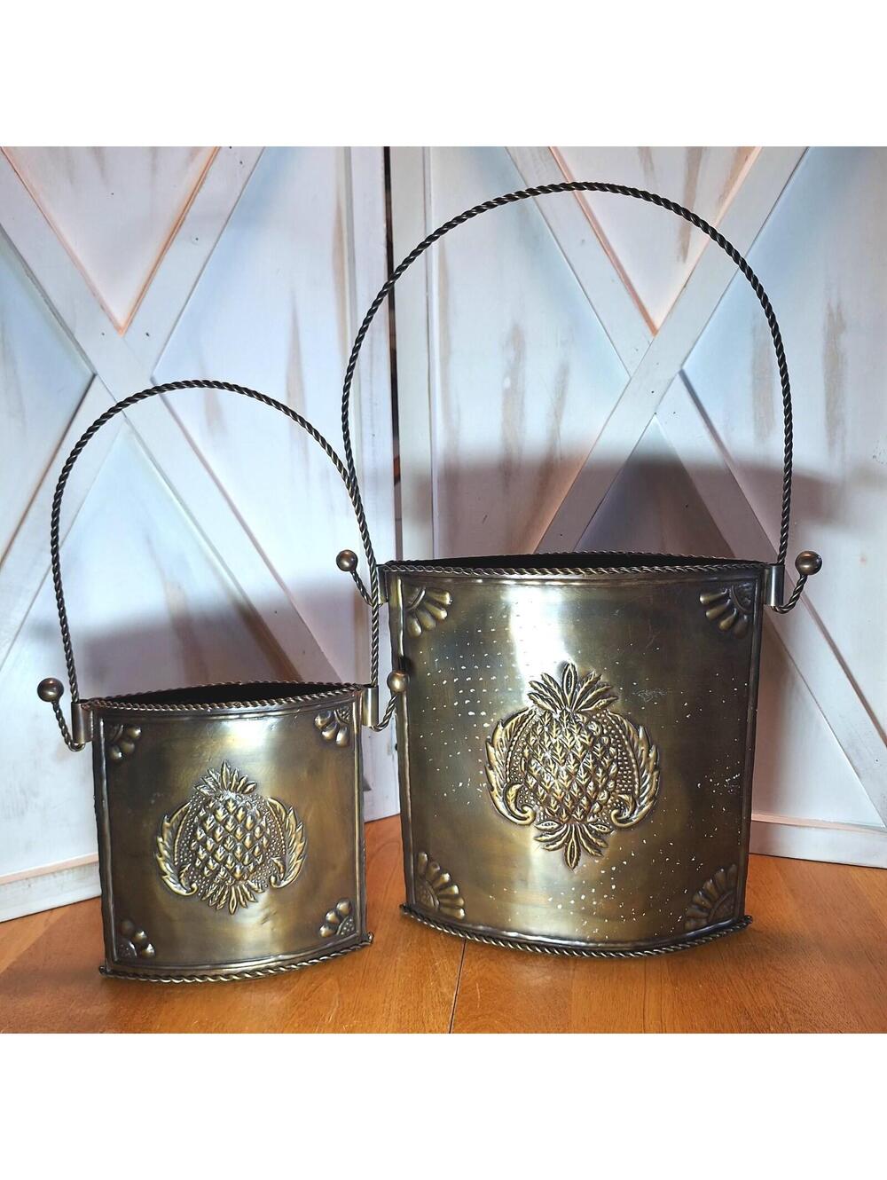 2 Vintage Metal Wall Pocket Planter Brass Embossed Pineapple Mid Century Modern